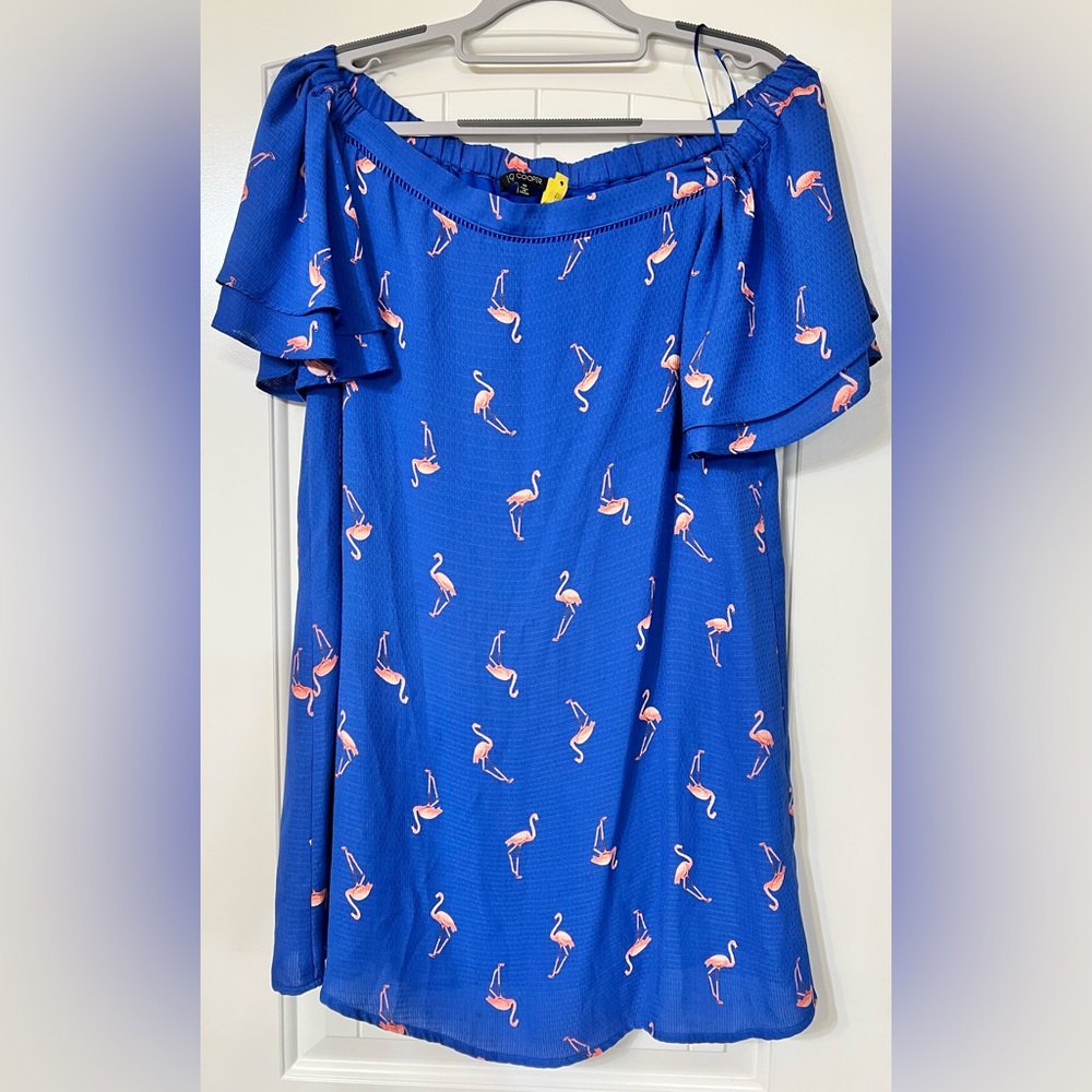 Blue off the shoulder Dress with Flamingo Print size M